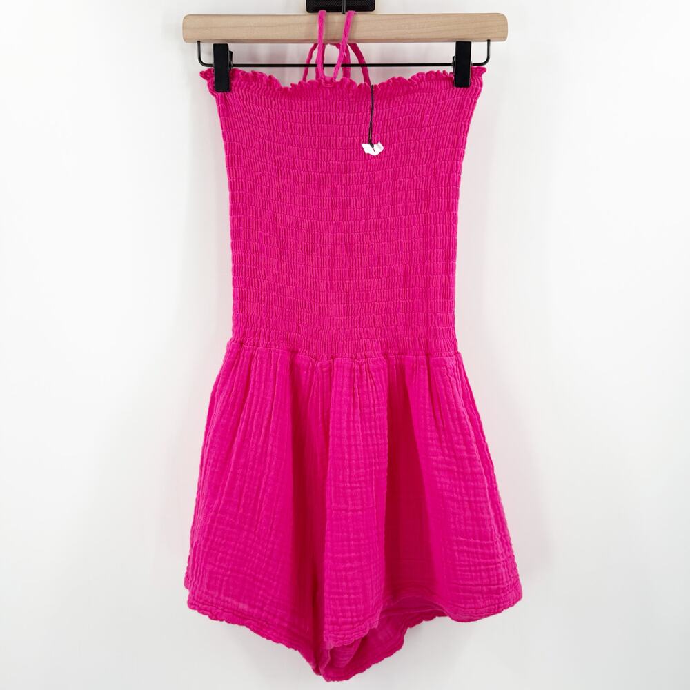 Michael Stars Bianca Romper Women’s Size Small Pink NWT Smocked Neck Tie Gauzy